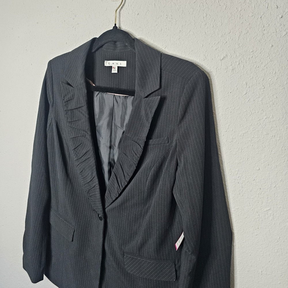 Cabi Wine & Roses 601 Pinstripe Blazer Black Ruffle Lapel Ruched Back Size 6 NWT